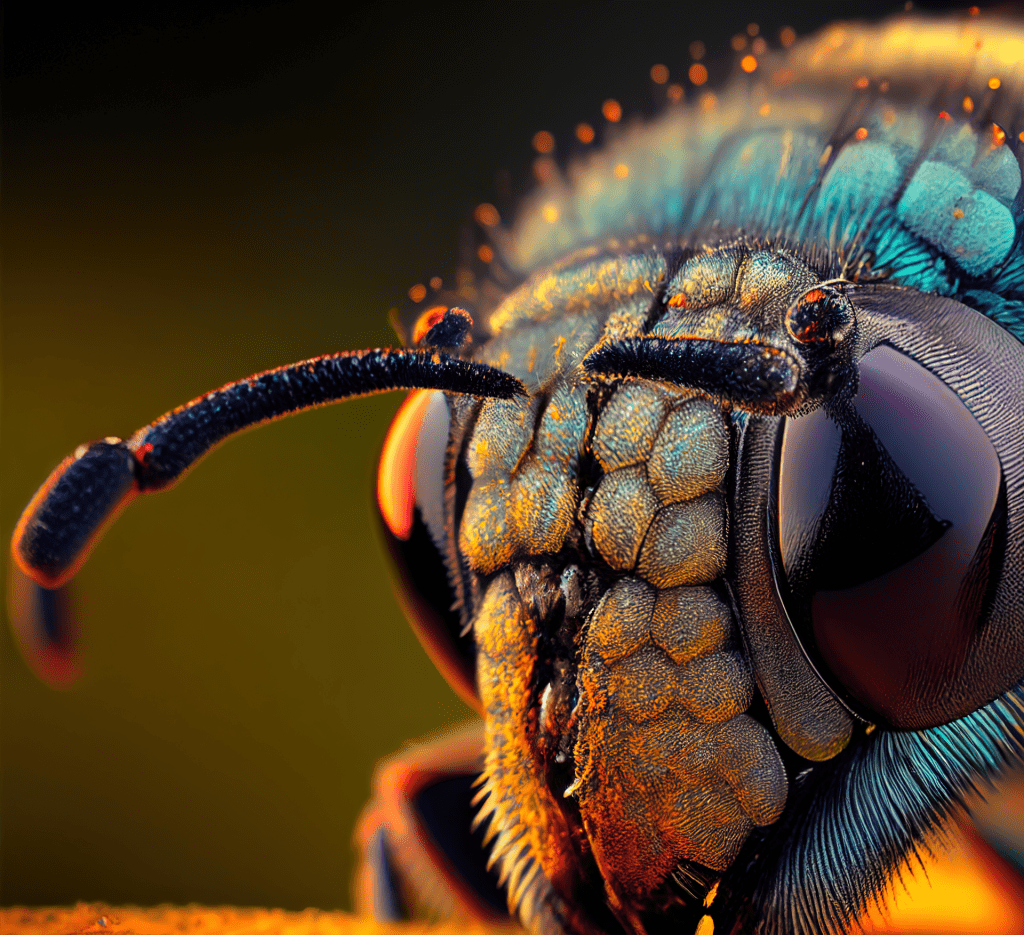Zoom ampliada de la cabeza de abeja con colores hermosos