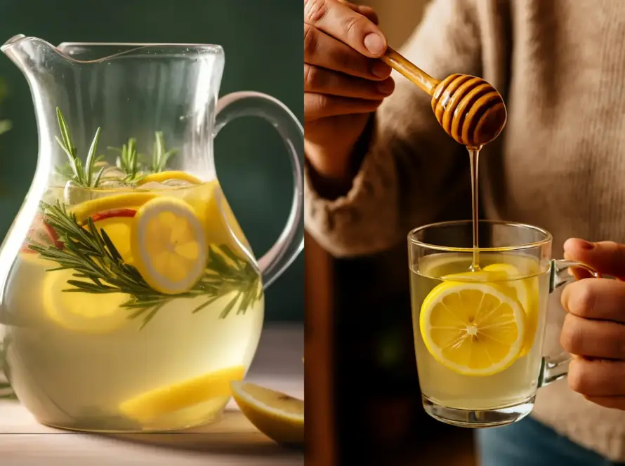 Infusión natural de miel con limón y romero, bebida saludable servida en jarra y taza de cristal.