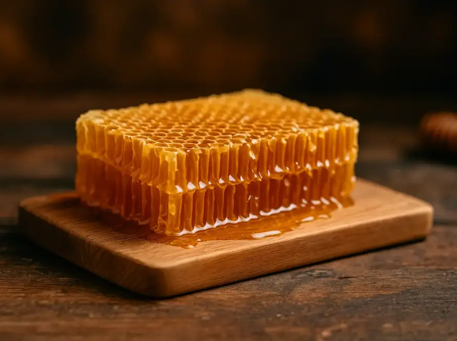 Panal de miel natural recién recolectado con celdas llenas de miel pura y sin procesar.