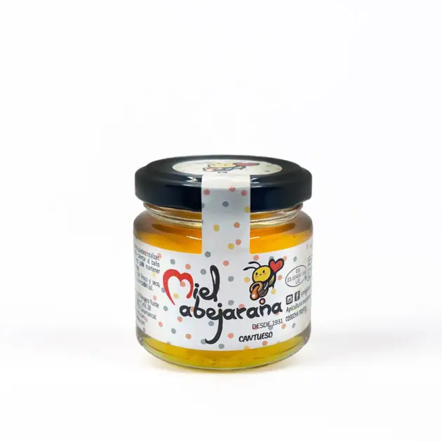 Mini tarros de miel de cantueso de 150 gramos de MIEL ABEJARANA, ideal para regalar en bodas, comuniones o eventos