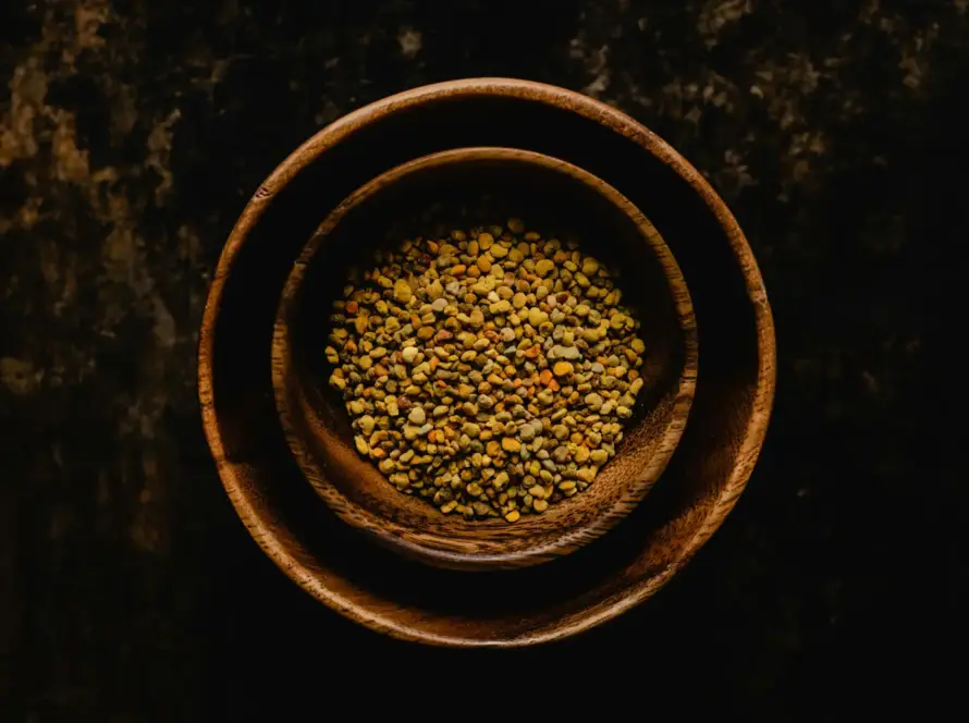 polen de abeja natural en grano en cuenco de madera sobre fondo oscuro