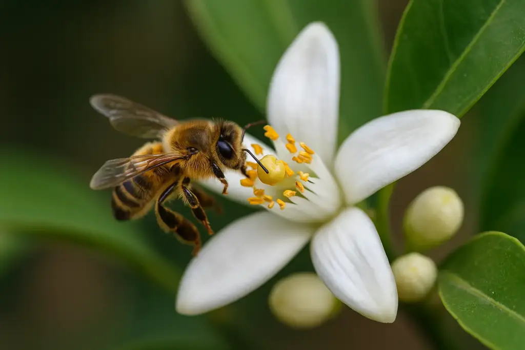Abeja polinizando una flor de naranjo blanca en un entorno natural, detalle realista.