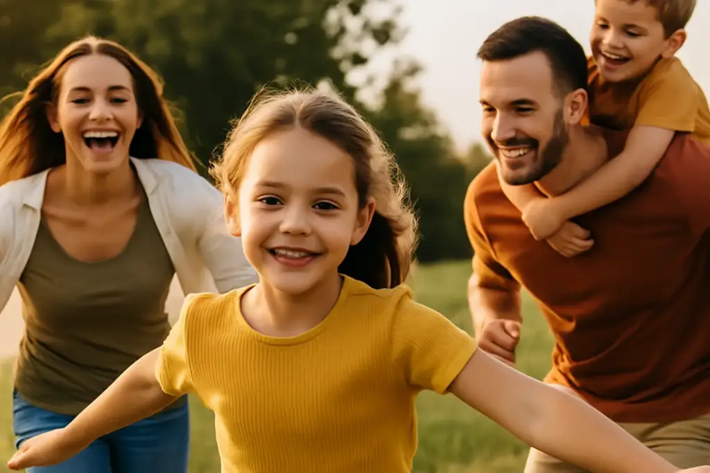 Familia feliz disfrutando de una actividad al aire libre, símbolo de energía natural