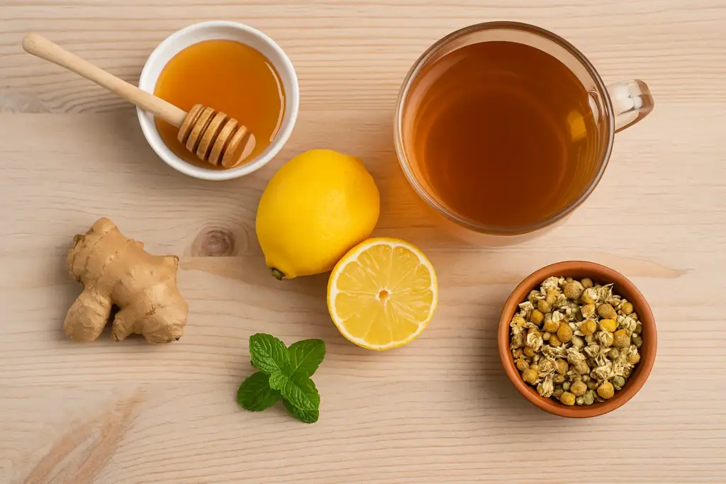 Taza de té con miel, limón, jengibre y flores de manzanilla, remedio natural para aliviar la garganta irritada.