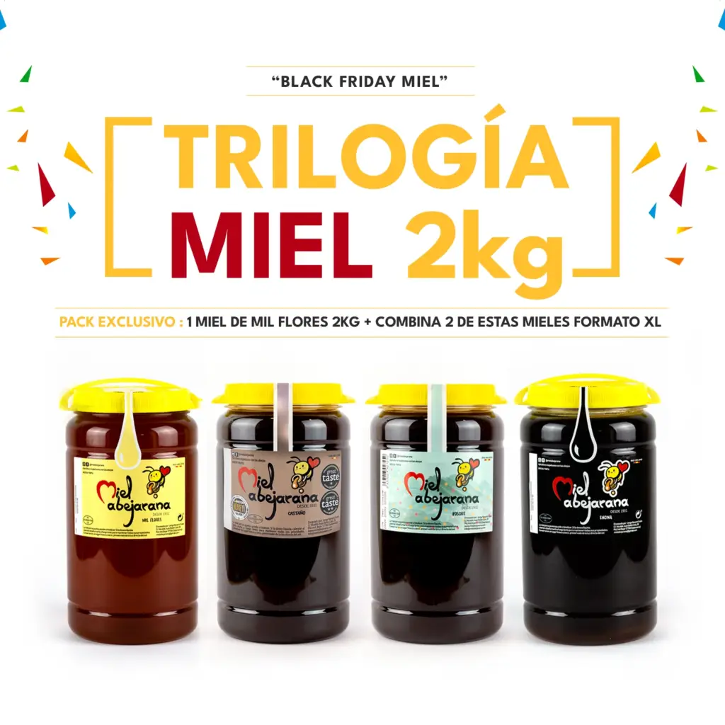 Pack oferta miel 2 kg de Miel Abejarana con miel de mil flores, castaño, bosque y encina en formato XL especial para el Black Friday 2025