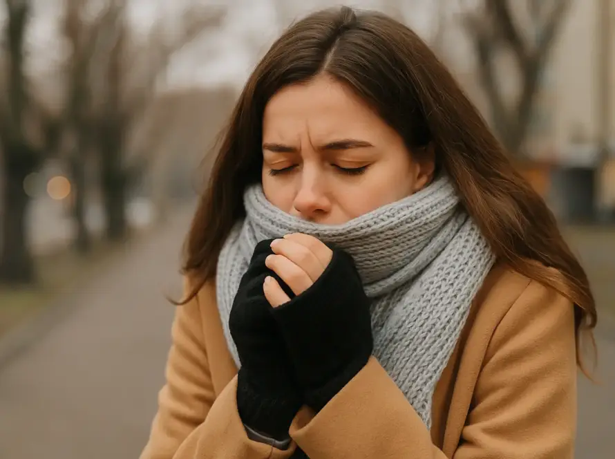 Persona joven con bufanda y abrigo en invierno, protegiéndose del frío para prevenir la garganta irritada.