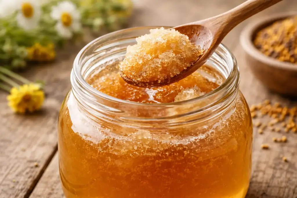 Detalle de la cristalización de la miel cruda en un tarro de cristal, con una cuchara mostrando su textura granulada.