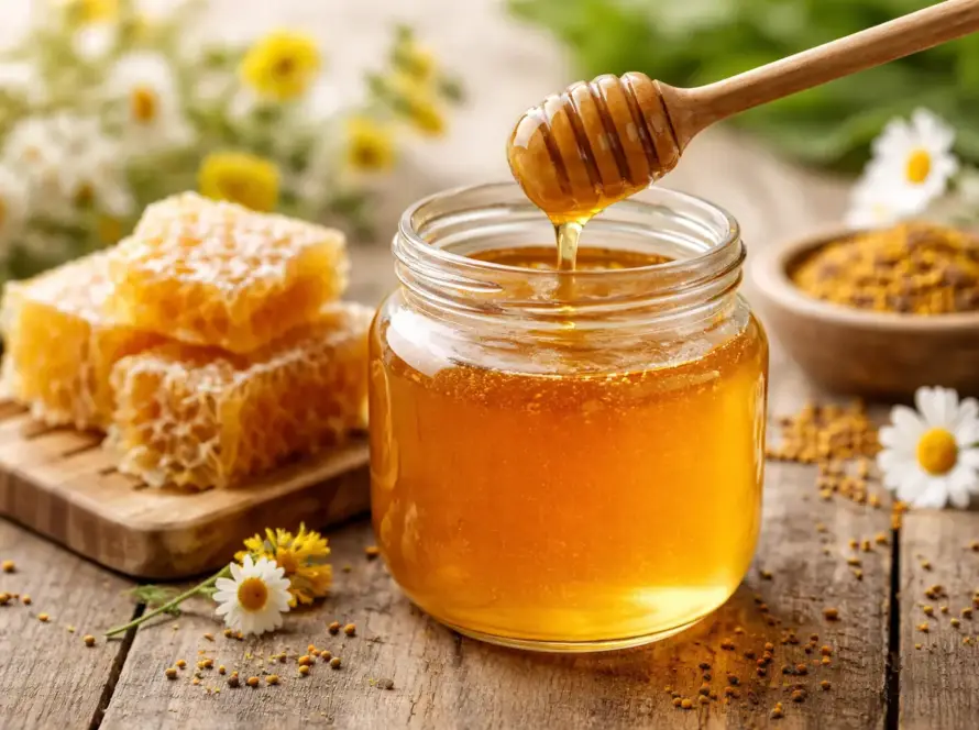 Tarro de miel cruda en un tarro de cristal sobre mesa de madera, con panal y cucharón de miel