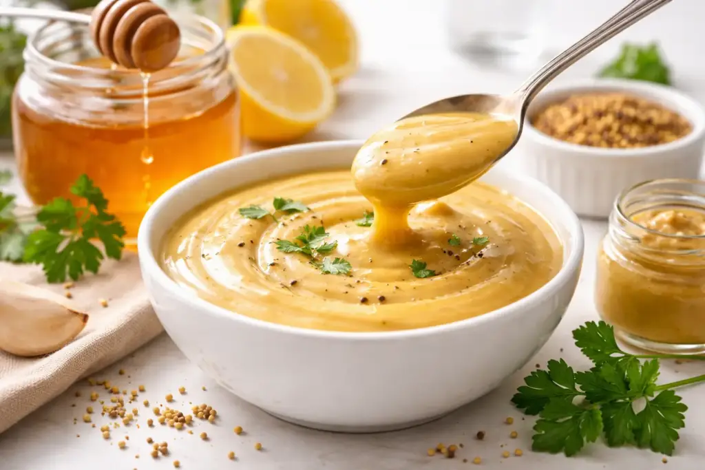 Salsa mostaza y miel casera en bol blanco con textura cremosa y brillante, servida con cuchara.