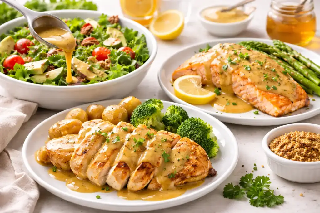 Salsa mostaza y miel servida con pollo, salmón y ensalada fresca en una mesa clara y luminosa.