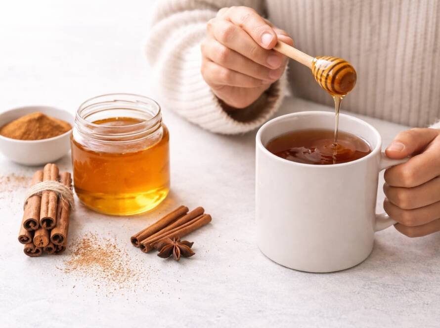 Persona añadiendo miel con canela a una infusión caliente como remedio natural y bebida saludable