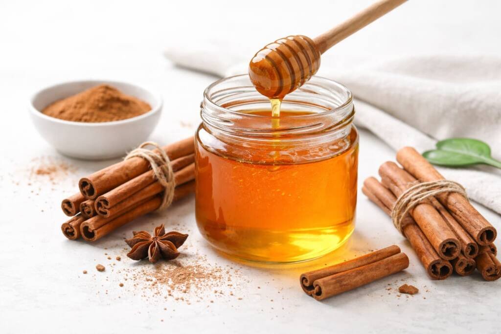 Miel con canela natural en tarro con ramas de canela