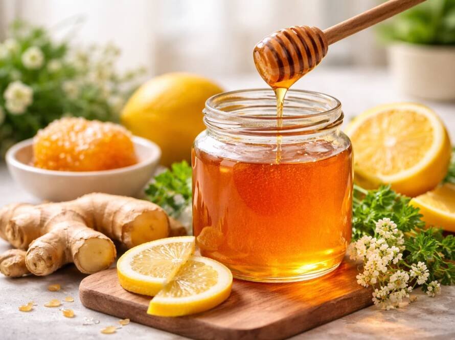Tarro de miel con limón y jengibre utilizado como remedio natural para el resfriado