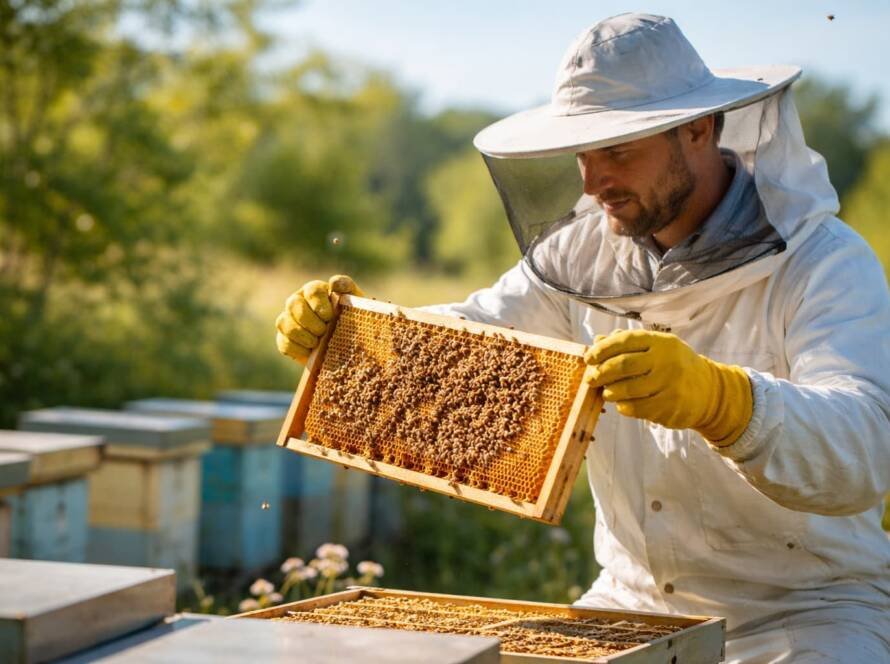 Apicultor inspeccionando un cuadro de colmena con abejas durante labores de apicultura