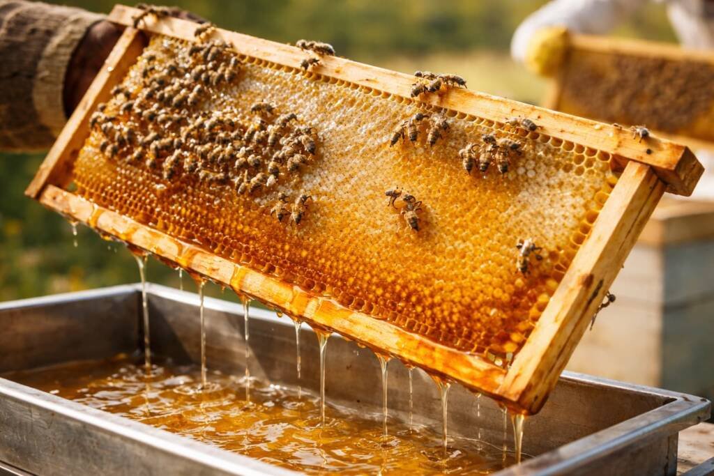 Detalle de panal con abejas en plena apicultura