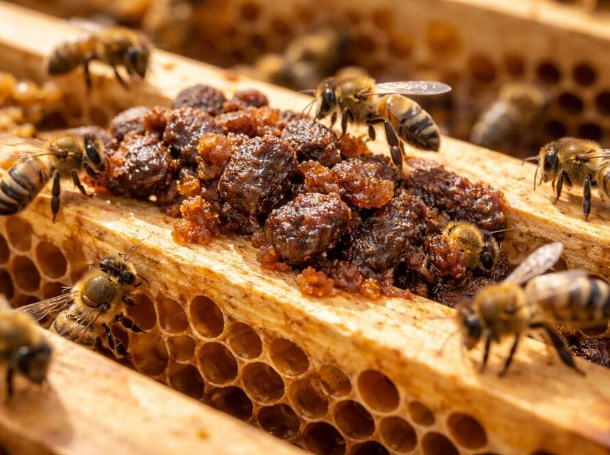 Primer plano de abejas trabajando sobre própolis natural en un panal dentro de la colmena. El própolis es una resina que las abejas producen a partir de sustancias vegetales y utilizan para proteger y sellar la colmena