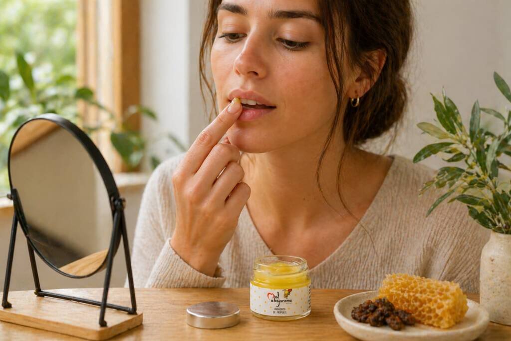 Persona aplicando bálsamo de propóleo en los labios frente a un espejo o en un entorno natural, con el tarro abierto cerca, luz cálida, estética limpia, realista y moderna.
