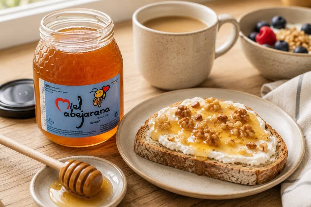 Tostada con frutos secos y miel de romero pura de Miel Abejarana junto a una taza de café en un desayuno natural