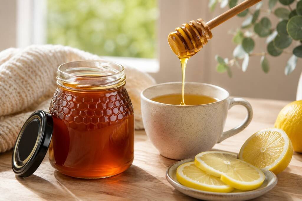 Tarro de miel artesanal junto a una taza de infusión caliente con limón y miel, una forma tradicional de consumir miel para la tos y aliviar la garganta.