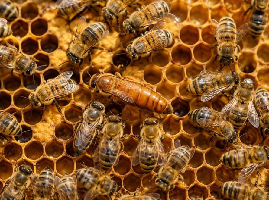 Abeja reina sobre un panal rodeada de abejas obreras en el interior de la colmena