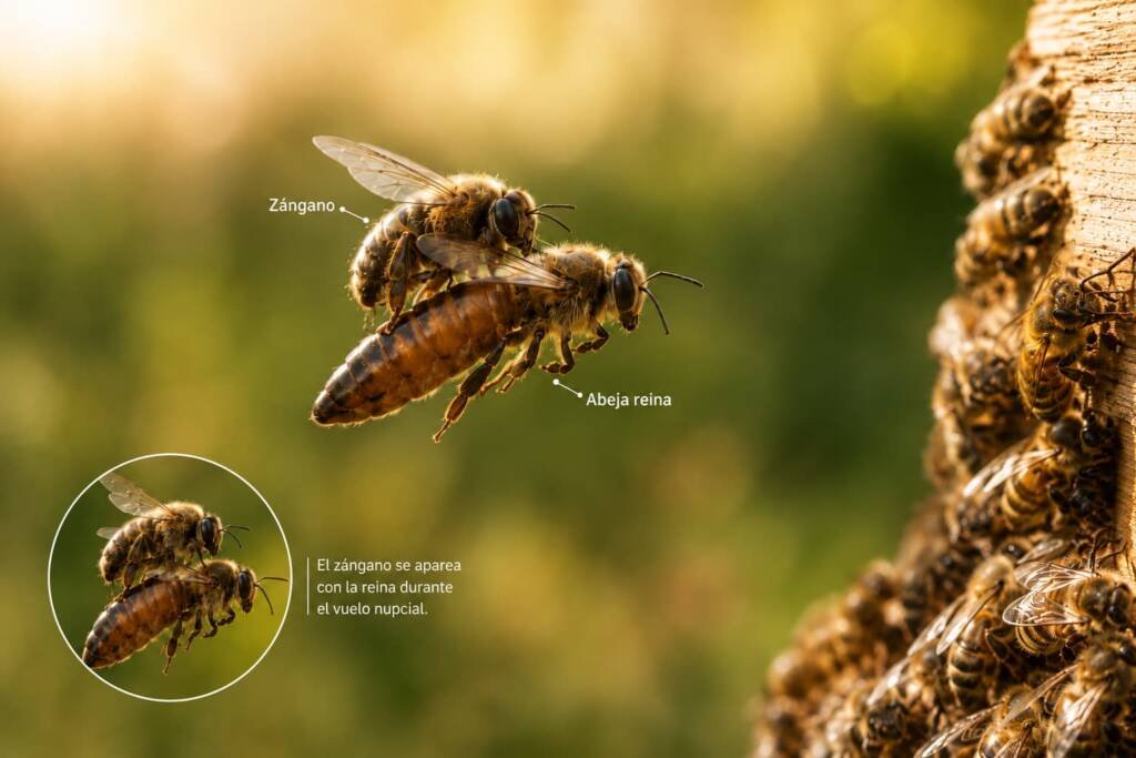 Abeja reina apareándose con un zángano en el aire durante el vuelo nupcial