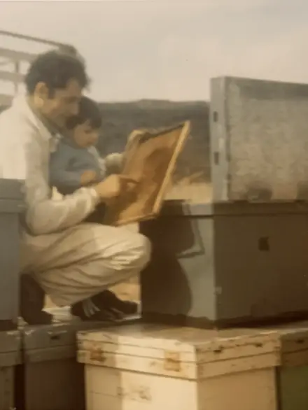 Primera generación de apicultores de Miel Abejarana revisando un panal con su hijo en el colmenar